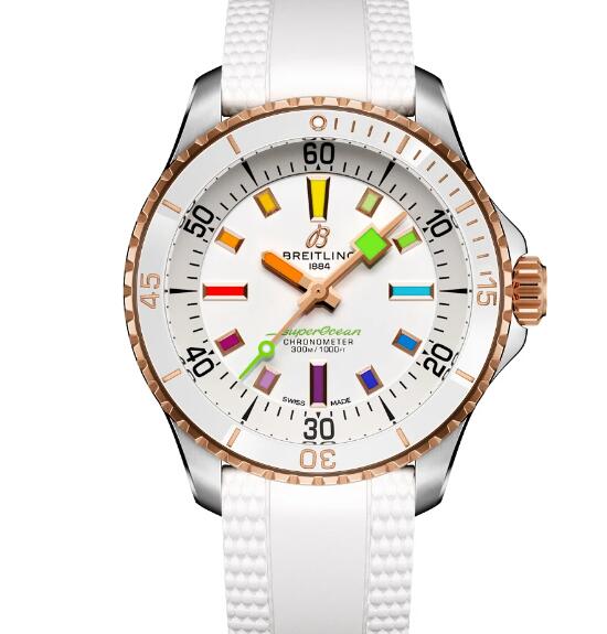 Breitling SuperOcean Automatic 36 Stainless Steel Red Gold White Rainbow Replica Watch U17377211A1S1